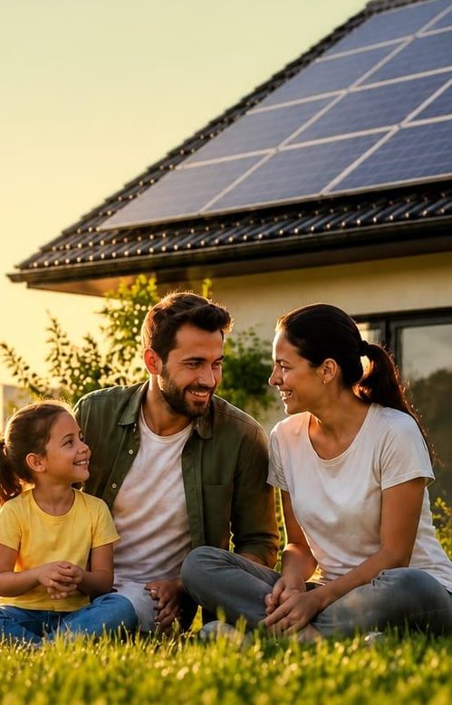 Família sorrindo em frente a uma casa com placas solares