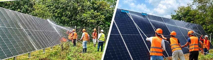 Equipe fazendo limpeza e manutenção de placas solares em campo